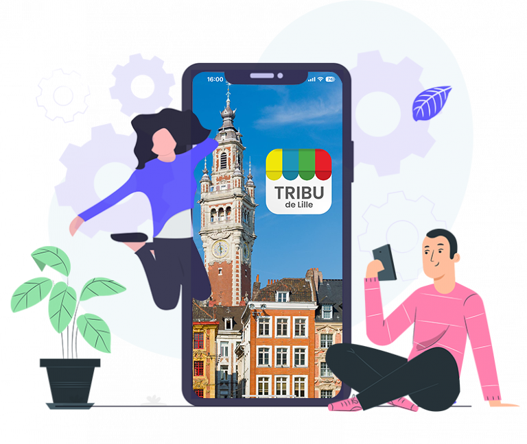 Smartphone screen shows Lille Tribu app logo and a church tower; a woman and a man sit beside it with gears in the background.