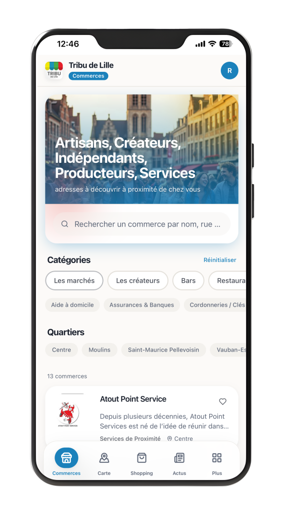 Mobile app screen showing Tribu de Lille with search bar and category pills (Les marchés, Les créateurs, Bars, Restaurants).