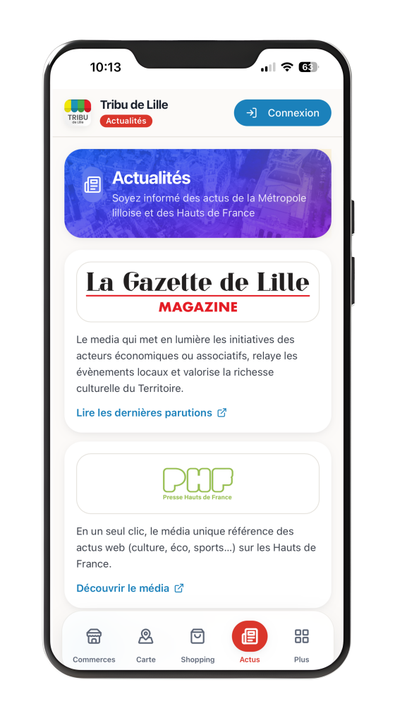 Mobile app screen showing Tribu de Lille with a blue "Actualités" banner and article cards on a feed (French news app)