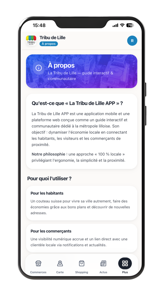 Mobile app screen for Tribu de Lille with an 'À propos' banner and introductory content section.