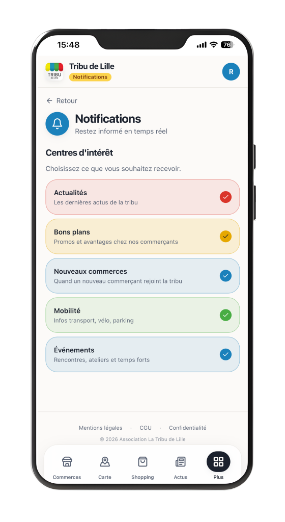 Screen of the Tribu de Lille app's Notifications page, showing colored rounded category cards (Actualités, Bons plans, Nouveaux commerces, Mobilité, Événements) with checkmarks indicating selections, on a mobile device.