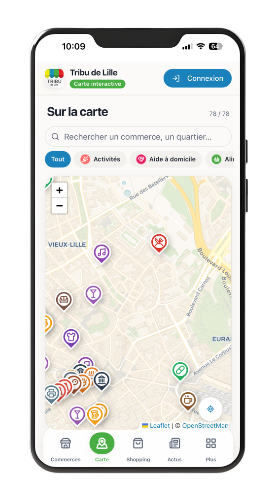 Mobile screen with an interactive Lille map showing colored venue icons and a search bar at the top.