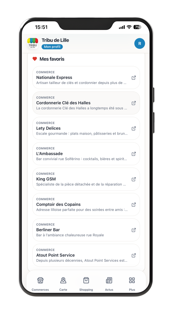 Mobile screen showing a 'Mes favoris' list in the Tribu de Lille app, with several commerce entries and a bottom navigation bar visible.