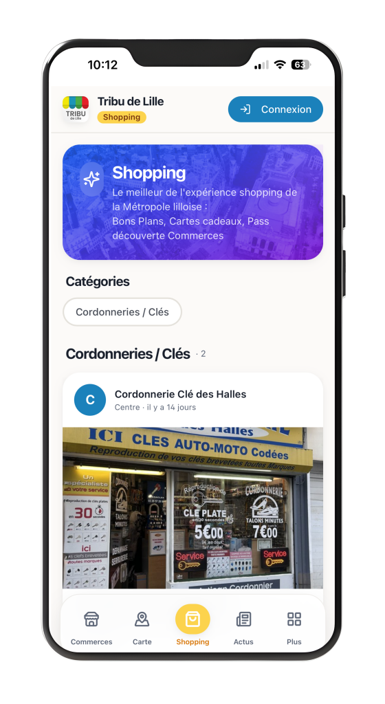 Mobile app screen for Tribu de Lille Shopping with a blue banner and category chips, showing a storefront image below.