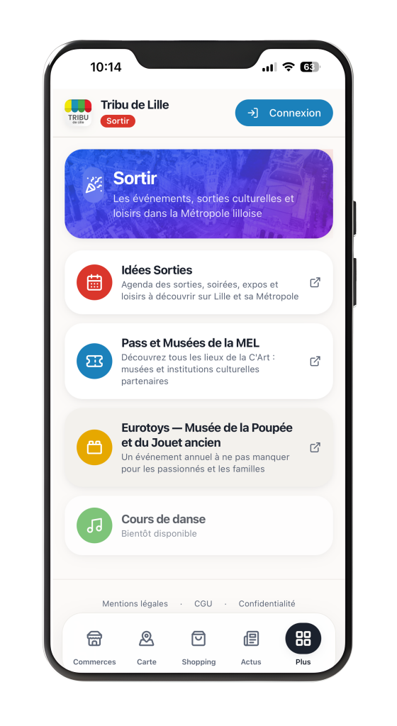 Mobile app home screen for Tribu de Lille with a purple Sortir banner and rounded cards listing events and activities; bottom navigation visible.