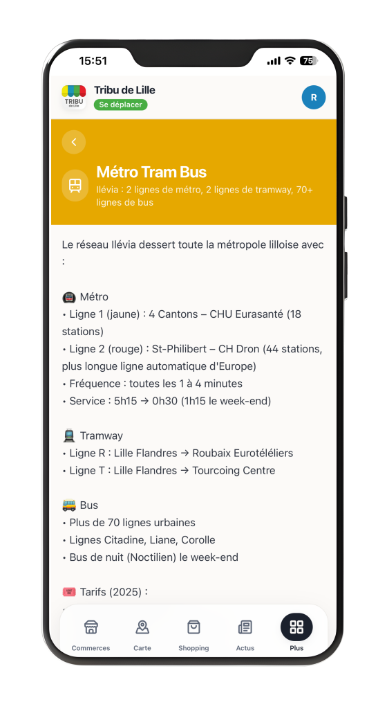 Mobile app screen showing transit info: Métro Tram Bus section with orange header and French route details (Lille metro/tram/bus).